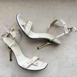 Casadei Bone White/Light Tan Leather Gold Stiletto Heeled Sandals Women 9 Tassel